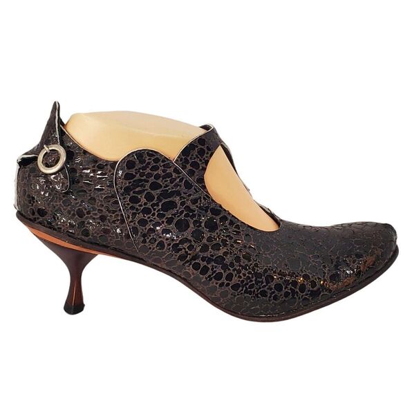 CYDWOQ 39.5/9 Vintage textured Leather Patent Mary Jane Heel Kitten Brown - READ